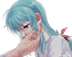  age_difference aged_up aqua_hair bow crying female hairbow imuro kuwabara_kazuma long_hair low_ponytail out_of_frame portrait red_bow red_eyes sad scar scar_on_hand sidelocks sweater tears white_background white_sweater wrinkled_skin yu_yu_hakusho yukina_(yu_yu_hakusho) 