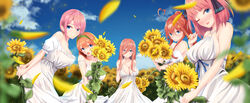  5girls absurdres ahoge bare_shoulders black_ribbon blue_eyes blue_sky breasts brown_hair butterfly_hair_ornament cleavage closed_mouth cloud commentary_request day dress falling_petals flower frills go-toubun_no_hanayome green_ribbons hair_between_eyes hair_ornament hair_ribbon hair_up halterneck highres holding holding_flower large_breasts long_hair looking_at_viewer medium_hair multiple_girls nakano_ichika nakano_itsuki nakano_miku nakano_nino nakano_yotsuba one_eye_closed open_mouth orange_hair outdoors petals pink_hair quintuplets red_hair ribbon short_hair siblings sidelocks sisters sky smile spekkio36 standing sunflower sunflower_petals tongue tongue_out white_dress 