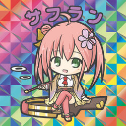  :d ahoge ascot bikkuriman_(style) blush bow breasts brown_footwear brown_skirt character_name chibi collared_shirt commentary_request crossbow crossed_legs female flower flower_knight_girl full_body green_eyes hair_between_eyes hair_bun hair_flower hair_ornament hairbow holding holding_smoking_pipe kiseru long_hair medium_breasts open_mouth parody photoshop_(medium) pink_hair pink_thighhighs purple_flower red_ascot ri-net saffron_(flower_knight_girl) shirt shoes single_hair_bun single_side_bun sitting skirt smile smoke_ring smoking_pipe solo thighhighs weapon white_shirt wrist_cuffs yellow_bow 