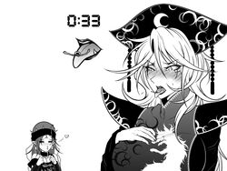  2girls =_= blush breasts cherry_stem_knot clothes_writing collarbone commentary_request crescent crescent_earrings earrings fangs fox_print greyscale hair_between_eyes hand_on_own_chest hecatia_lapislazuli jewelry junko_(touhou) knot large_breasts legacy_of_lunatic_kingdom long_hair monochrome multiple_girls off-shoulder_shirt off_shoulder phoenix_crown pointy_ears pouty_lips ryuuichi_(f_dragon) shirt shoulder_pads simple_background spikes tassel timestamp tongue tongue_out touhou white_background yuri 