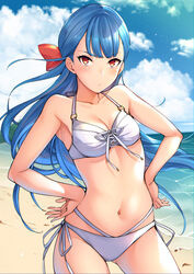  bad_id bad_pixiv_id bare_shoulders beach bikini blue_hair blue_sky breasts cleavage cloud collarbone contrapposto cowboy_shot day female floating_hair hair_ribbon hands_on_own_hips long_hair looking_at_viewer navel ocean original outdoors red_eyes red_ribbon ribbon sand sidelocks sky small_breasts solo standing stomach sugarbeat swimsuit white_bikini wind yukari_(sugarbeat) 