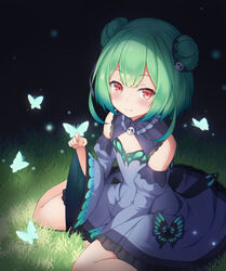  absurdres blue_butterfly blue_dress blue_sleeves blush bug butterfly butterfly_on_hand closed_mouth detached_collar detached_sleeves double_bun dress feet_out_of_frame female green_hair hair_bun hair_ornament highres hololive looking_at_viewer red_eyes short_hair sitting skull_hair_ornament smile solo tousaki_(tousakiworks) uruha_rushia uruha_rushia_(1st_costume) virtual_youtuber wariza 