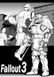  2others ambiguous_gender arm_armor armor armored_boots boots brotherhood_of_steel brotherhood_of_steel_paladin building commentary_request copyright_name energy_gun energy_weapon fallout_(series) fallout_3 full_armor full_body greyscale gun helmet holding holding_gun holding_weapon knee_pads laser_rifle liberty_prime mecha monochrome multiple_others outdoors power_armor power_armor_(fallout) rifle robot shoulder_armor standing takimoyo_(soushokujuu) weapon window 