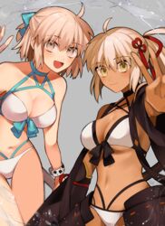  2girls absurdres ahoge aqua_bow bare_shoulders bikini blonde_hair blush bow breasts cleavage collarbone dark-skinned_female dark_skin detached_sleeves fate/grand_order fate_(series) grey_eyes hairbow half_updo highleg highleg_bikini highres large_breasts long_hair looking_at_viewer multi-strapped_bikini multiple_girls navel okita_j._souji_(fate) okita_j._souji_(third_ascension)_(fate) okita_souji_(fate) okita_souji_alter_(swimsuit_saber)_(fate) okita_souji_alter_(swimsuit_saber)_(third_ascension)_(fate) open_mouth ponytail short_hair smile swimsuit tassel thighs usamimikurage v very_long_hair water white_bikini white_hair wide_sleeves yellow_eyes 