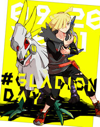  1boy ahoge black_pants blonde_hair character_name closed_mouth commentary_request gladion_(pokemon) green_eyes hair_over_one_eye highres hinata_(ryohinata) hood hood_down hoodie legs_apart long_sleeves male_focus pants pokemon pokemon_(creature) pokemon_sm red_footwear shoes short_hair silvally silvally_(electric) standing torn_clothes torn_pants 