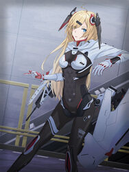  black_bodysuit blonde_hair blue_eyes blush bodysuit breasts closed_mouth feet_out_of_frame female flatbox girls&#039;_frontline gloves gun h&amp;k_mg36 hair_ornament hairclip heterochromia highres lips long_hair long_sleeves looking_at_viewer machine_gun mechanical_ears mg36_(black_dragon_towering_over_s09)_(girls&#039;_frontline) mg36_(girls&#039;_frontline) official_alternate_costume solo standing weapon white_gloves yellow_eyes 