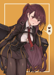  absurdres black_pantyhose blush braid breasts buttons cleavage commentary female girls&#039;_frontline gloves hair_ribbon highres kintsuba_(garapagosukkk) long_hair long_sleeves multicolored_clothes multicolored_gloves necktie one_side_up open_mouth orange_background pantyhose purple_hair red_eyes red_necktie red_ribbon ribbon solo speech_bubble sweat thighband_pantyhose wa2000_(girls&#039;_frontline) 