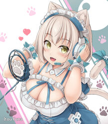  :d absurdres animal_ears blue_bow blue_skirt blue_sleeves bow bracelet breasts cat_ears cat_tail character_name cleavage detached_sleeves female frilled_skirt frills green_eyes guild_cq headphones heart highres itou_yuna jewelry large_breasts looking_at_viewer maid_headdress microphone open_mouth paw_print paw_print_background puffy_sleeves short_hair skirt smile solo spiked_bracelet spikes tail tail_bow tail_ornament tousaki_(tousakiworks) upper_body virtual_youtuber white_hair 