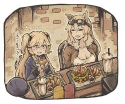  2girls absurdres animal_ears blazer blonde_hair blue_eyes blue_headwear blush breasts burger cleavage closed_eyes commentary cup drinking_straw food french_fries fur_collar fur_trim girls&#039;_frontline goggles goggles_on_head hat highres holding indoors jacket ketchup kintsuba_(garapagosukkk) large_breasts long_hair long_sleeves m500_(girls&#039;_frontline) multiple_girls oerba_yun_fang open_clothes open_jacket open_mouth saliva sitting skin_fang sparkle sparkling_eyes super-shorty_(girls&#039;_frontline) sweat two_side_up unworn_hat unworn_headwear 