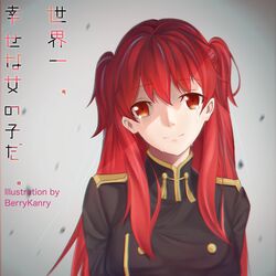  artist_name berrykanry black_jacket chtholly_nota_seniorious closed_mouth crying female hair_between_eyes highres jacket long_hair looking_at_viewer military_jacket red_eyes red_hair shuumatsu_nani_shitemasu_ka? smile solo tears two_side_up upper_body 