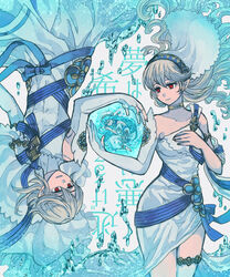  1boy 2girls azura_(fire_emblem) azura_(young)_(fire_emblem) barefoot blue_hair bracelet breasts corrin_(female)_(adrift)_(fire_emblem) corrin_(female)_(fire_emblem) corrin_(fire_emblem) corrin_(male)_(adrift)_(fire_emblem) corrin_(male)_(fire_emblem) dress elbow_gloves fingerless_gloves fire_emblem fire_emblem_fates fire_emblem_heroes gloves hairband highres jewelry long_hair mena_(suzunoki) multiple_girls pointy_ears red_eyes short_hair smile veil very_long_hair yellow_eyes 