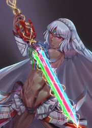  altera_(fate) bare_shoulders cowboy_shot dark-skinned_female dark_skin detached_sleeves fate/grand_order fate_(series) female full-body_tattoo headdress highres holding holding_sword holding_weapon leebigtree looking_at_viewer navel photon_ray_(fate) red_eyes revealing_clothes short_hair skirt solo sword tattoo veil weapon white_hair 