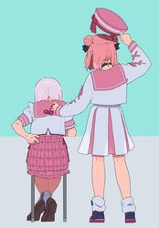  2girls arm_up black_footwear blue_background bobby_socks brown_footwear commentary_request double_bun from_behind grey_background hair_bun hat highres holding holding_clothes holding_hat long_sleeves loose_socks multiple_girls nijisanji pink_hair pink_headwear pink_sailor_collar pink_skirt plaid plaid_skirt pleated_skirt puffy_long_sleeves puffy_sleeves sailor_collar sasaki_saku sasaki_saku_(6th_costume) shiina_yuika shiina_yuika_(7th_costume) shirt shoe_soles shoes sirataki_umauma sitting skirt socks standing two-tone_background unworn_hat unworn_headwear virtual_youtuber white_legwear white_shirt white_skirt 