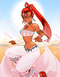  armlet breasts brooch choker cleavage dark-skinned_female dark_skin day desert detached_sleeves earrings english_commentary eyeliner eyeshadow female fingernails forehead_jewel gem gerudo hair_pulled_back harem_pants high_ponytail highres jewelry lipstick long_hair looking_to_the_side lowleg lowleg_pants makeup medium_breasts nabooru narrow_waist navel pants pink_lips pink_nails pink_pants pink_sleeves pointy_ears red_footwear red_hair solo strapless the_legend_of_zelda the_legend_of_zelda:_ocarina_of_time toned tube_top vashperado yellow_eyes yellow_eyeshadow 