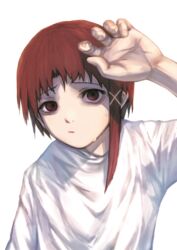  absurdres asymmetrical_hair brown_eyes brown_hair closed_mouth dorothy_xi female hair_ornament hairclip highres iwakura_lain looking_at_viewer serial_experiments_lain shirt short_hair simple_background solo white_background white_shirt x_hair_ornament 