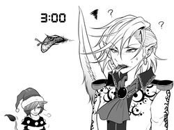  2girls ? angel_wings anger_vein animal_ears armor ascot brooch cherry_stem_knot collared_shirt commentary_request doremy_sweet earrings greyscale hair_between_eyes hat jewelry kishin_sagume knot legacy_of_lunatic_kingdom monochrome multiple_girls open_mouth pauldrons pointy_ears pom_pom_(clothes) ryuuichi_(f_dragon) santa_hat shirt shoulder_armor simple_background single_wing smug squiggle sweatdrop tail tapir_ears tapir_tail timestamp tongue tongue_out tongue_tattoo touhou white_background wings 