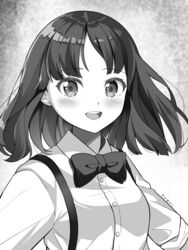  :d album_cover_redraw blush bow bowtie breasts buttons collared_shirt commentary derivative_work dress_shirt female greyscale highres long_hair looking_at_viewer monochrome open_mouth real_life sasha_chii shirt small_breasts smile solo suspenders sweetest_music takeuchi_mariya teeth upper_body upper_teeth_only 