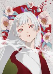  absurdres biwa_(heike_monogatari) blunt_bangs expressionless female flower grey_eyes heike_monogatari highres hime_cut japanese_clothes kimono long_hair parted_lips peropicnic red_sun smoke solo sun upper_body white_hair 