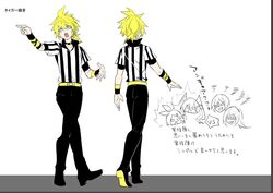  1boy belt black_footwear black_pants choker commentary_request concept_art hatsune_miku index_finger_raised kagamine_len kagamine_rin male_focus manbou_no_ane megurine_luka meiko_(vocaloid) official_art open_mouth pants pointing popped_collar referee reference_sheet ring_no_seraph_(vocaloid) shirt shoes short_ponytail simple_background striped_clothes striped_shirt translated vertical-striped_clothes vertical-striped_shirt vocaloid white_background yellow_belt 