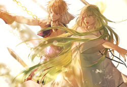  1other 2boys androgynous arm_tattoo armor blonde_hair chains clenched_teeth collar commentary_request cowboy_shot cropped_vest earrings enkidu_(fate) fate/grand_order fate/strange_fake fate_(series) faulds floating_hair frown gem gilgamesh_(caster)_(fate) gilgamesh_(fate) gold gorget green_eyes green_hair hair_between_eyes jewelry laurel_crown lens_flare light_particles long_hair long_sleeves looking_to_the_side multiple_boys open_mouth out_of_frame outstretched_arm red_eyes robe smile tattoo teeth tsugutoku v-shaped_eyebrows vambraces very_long_hair vest white_robe wide_sleeves 