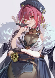  beret black_bra black_gloves black_hat bra breasts brown_pantyhose commentary_request cup earrings female fingerless_gloves fingernails fur-trimmed_jacket fur_trim gloves grey_background hair_between_eyes hat heterochromia highres holding holding_cup hololive houshou_marine houshou_marine_(businesswoman) jacket jacket_on_shoulders jewelry large_breasts looking_at_viewer mouth_hold pantyhose red_eyes red_hair ruiuncle short_hair simple_background solo thighs underwear virtual_youtuber yellow_eyes 