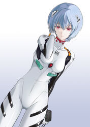  arm_behind_back ayanami_rei blue_hair bodysuit breasts breasts_apart closed_mouth commentary cowboy_shot dutch_angle female gradient_background grey_background hair_between_eyes hand_in_own_hair headgear highres ivuki looking_at_viewer medium_breasts neon_genesis_evangelion plugsuit red_eyes short_hair smile solo standing thigh_gap white_bodysuit 