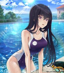  arm_rest ass black_hair blurry blurry_background blush breasts building cleavage cloud cloudy_sky collarbone commentary copyright_name copyright_notice cowboy_shot day diffraction_spikes dripping female goggles gundam gundam_breaker_mobile haro highres kuzunoha_rindou lens_flare long_hair looking_at_viewer medium_breasts ocean official_art one-piece_swimsuit open_mouth outdoors pool poolside purple_eyes railing rooftop sky solo sparkle splashing straight_hair summer sun sunlight swim_cap swimsuit taiki_(luster) thighs tree unworn_goggles unworn_swim_cap wet wet_clothes wet_hair wet_swimsuit window 