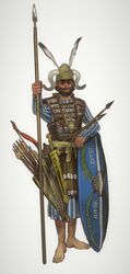  1boy absurdres armor arrow_(projectile) barefoot beard bow_(weapon) breastplate facial_hair fake_horns full_body hat_feather hebrew_text helmet hexagram highres holding holding_polearm holding_weapon horned_helmet horns javelin_(spear) jewelry long_sleeves looking_at_viewer male_focus mossacannibalis necklace original parted_lips planted planted_shield planted_spear polearm robe sash scabbard sheath simple_background soldier solo spear standing star_of_david sword toenails tower_shield weapon white_background 