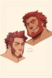  2boys artist_name bara beard blue_eyes blush brown_hair close-up couple facial_hair fate/grand_order fate_(series) goatee highres iskandar_(fate) long_sideburns looking_at_viewer male_focus mature_male multiple_boys napoleon_bonaparte_(fate) nyuudles shiny_skin sideburns smile smirk upper_body yaoi 