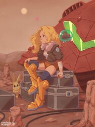  armored_boots bandages black_legwear black_thighhighs blonde_hair blue_eyes bomber_jacket boots cable commentary crate desert english_commentary female highres jacket khiuly metroid metroid_(creature) orange_footwear orange_shorts pyonchi samus&#039;s_gunship samus_aran short_shorts shorts star_(sky) thigh_boots thighhighs 