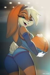  anthro ass ball basketball basketball_(ball) basketball_uniform blonde_hair blue_eyes breasts buckteeth clothed clothing countershade_face countershade_fur countershading digital_media_(artwork) female fur gloves hair handwear hi_res inside lagomorph leporid lola_bunny looking_at_viewer looking_back looney_tunes mammal rabbit rin_tyan scut_tail shaded short_tail smile solo space_jam space_jam:_a_new_legacy sportswear standing tail teeth tune_squad_outfit tune_squad_outfit_(2021) uniform warner_brothers white_clothing white_gloves white_handwear 