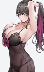  10_plus arm_up armpits black_hair blush bow bowtie bra breasts collarbone colored_inner_hair commission earrings eyelashes female flower highres jewelry koinoya_mai lace-trimmed_bra lace_trim large_breasts lingerie long_hair looking_at_viewer mole mole_under_eye multicolored_hair necklace panties ponytail propro_production purple_eyes skeb_commission solo two-tone_hair underwear virtual_youtuber 