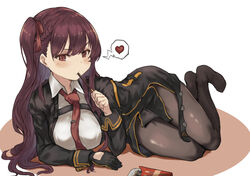  black_pantyhose blush breasts commentary eating female food girls&#039;_frontline gloves hair_ribbon heart highres kintsuba_(garapagosukkk) large_breasts long_hair long_sleeves lying necktie on_side one_side_up pantyhose pocky red_necktie ribbon simple_background single_glove solo speech_bubble spoken_heart wa2000_(girls&#039;_frontline) 