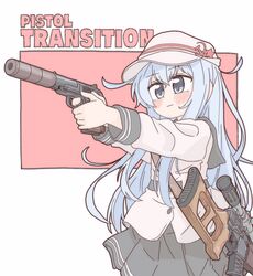  absurdres blue_eyes bocchi-ya-nawi female flat_cap grey_eyes grey_hair gun handgun hat hibiki_(kancolle) highres holding holding_gun holding_weapon kantai_collection long_hair pb_pistol rifle school_uniform serafuku skirt sniper_rifle solo suppressor thighhighs verniy_(kancolle) vss_vintorez weapon white_hair 