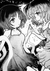  2girls blush closed_mouth collarbone denonbu dress eye_contact flower greyscale hair_ornament hidaka_reina_(denonbu) highres kiato looking_at_another medium_hair monochrome multiple_girls novel_illustration official_art open_mouth ribbon second-party_source seto_mitsuki_(denonbu) short_dress short_hair siblings sisters sleeveless sleeveless_dress smile twins x_hair_ornament 