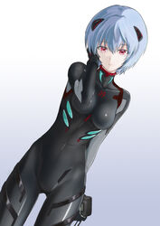  arm_behind_back ayanami_rei black_bodysuit blue_hair bodysuit breasts breasts_apart closed_mouth commentary cowboy_shot dutch_angle evangelion:_3.0_you_can_(not)_redo female gradient_background grey_background hair_between_eyes hand_in_own_hair headgear highres ivuki looking_at_viewer medium_breasts neon_genesis_evangelion plugsuit rebuild_of_evangelion red_eyes shiny_clothes short_hair solo standing thigh_gap 