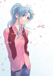  blue_hair botan_(yu_yu_hakusho) cherry_blossoms cowboy_shot denim female imuro jeans long_hair long_sleeves pants petals pink_shirt purple_eyes red_vest shirt sidelocks simple_background smile solo vest yu_yu_hakusho 