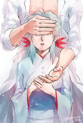  1boy aqua_hair beads blue_kimono commentary_request crying female hand_over_another&#039;s_eyes head_out_of_frame height_difference imuro jacket japanese_clothes kimono kuwabara_kazuma lips long_hair long_sleeves open_clothes open_jacket parted_lips sidelocks white_background white_jacket yu_yu_hakusho yukata yukina_(yu_yu_hakusho) 