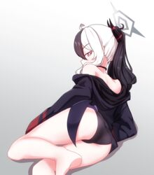  absurdres ahoge ass bare_back bare_legs barefoot black_choker black_hair black_panties black_sweater blue_archive choker commentary_request demon_girl demon_horns female from_behind hair_between_eyes halo highres hood hooded_sweater horns jonasmk kayoko_(blue_archive) long_hair long_sleeves looking_at_viewer looking_back lying multicolored_hair on_stomach panties ponytail red_eyes sidelocks simple_background soles solo sweater two-tone_hair underwear white_hair 