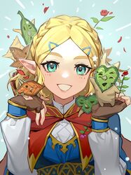  blonde_hair blue_eyes braid brown_gloves cape commentary crow0cc female fingerless_gloves flower gloves hair_ornament hairclip highres korok leaf looking_at_viewer pink_flower pink_rose pointy_ears princess_zelda puffy_sleeves red_cape red_flower red_rose rose smile solo the_legend_of_zelda the_legend_of_zelda:_tears_of_the_kingdom upper_body 