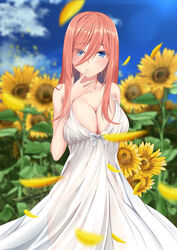  absurdres bare_shoulders blue_bow blue_eyes blue_sky blush bow breasts brown_hair cleavage closed_mouth cloud commentary_request day dress falling_petals female finger_to_mouth flower go-toubun_no_hanayome hair_between_eyes highres large_breasts looking_at_viewer medium_hair nakano_miku outdoors petals see-through sky solo spekkio36 standing sunflower white_dress 