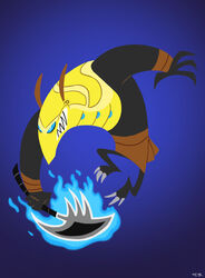  adult_swim arta01 axe bakari_(character) blue_fire bottomwear cartoon_network clothing colored_fire deity demon egyptian egyptian_clothing egyptian_mythology fangame fangs fire growling hi_res jumping kilt loincloth melee_weapon metroidvania middle_eastern_mythology minion_of_set minions_of_set monster mythology samurai_jack set_(deity) set_(species) set_beast shendyt teeth weapon 