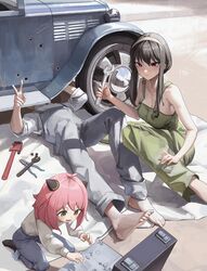  1boy 2girls absurdres alternate_costume anya_(spy_x_family) bare_shoulders barefoot bingwei_huang blanket breasts bullet_hole car commentary feet green_eyes grey_car hairband hairpods highres holding holding_wrench large_breasts lolicon long_hair looking_at_viewer lying mechanic medium_hair motor_vehicle multiple_girls on_back overalls pants pink_hair repairing shirt shirt_tucked_in short_hair short_sleeves smile spy_x_family symbol-only_commentary toes tools tsurime twilight_(spy_x_family) wheel wrench yor_briar 