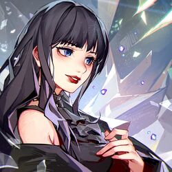  bare_shoulders black_dress black_hair blue_eyes blunt_bangs choker commentary crow0cc crystal detached_sleeves dress female final_fantasy final_fantasy_xiv frilled_choker frills gaia_(ff14) hand_on_own_chest highres hyur long_hair parted_lips red_lips solo wide_sleeves 