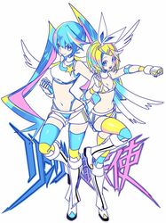  2girls bare_shoulders boots clenched_hands clothing_cutout commentary_request crotch_cutout crotchless_shorts full_body hatsune_miku kagamine_rin knee_boots long_hair manbou_no_ane multiple_girls navel no_shirt open_mouth revealing_clothes ring_no_seraph_(vocaloid) shorts simple_background smile song_name sports_bra standing standing_on_one_leg stomach thighhighs two-tone_legwear vocaloid white_background white_footwear white_shorts wings wrestling_outfit 