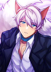  1boy absurdres animal_ears black_jacket blue_eyes choker closed_mouth hair_between_eyes hair_ribbon heart heart-shaped_pupils highres honkai_(series) honkai_impact_3rd jacket kaixuan_lushang kevin_kaslana kitsune long_sleeves looking_at_viewer male_focus polo_shirt ribbon shirt solo symbol-shaped_pupils tail white_hair white_shirt wolf_ears wolf_tail 