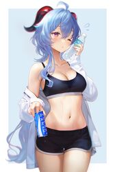  ;o absurdres adelie_cat ahoge alternate_costume bare_shoulders black_shorts black_sports_bra blue_background blue_hair blush border bottle breasts can cleavage commentary cowboy_shot crop_top dolphin_shorts drink female flying_sweatdrops ganyu_(genshin_impact) genshin_impact goat_horns hair_between_eyes highres holding holding_bottle holding_drink horns looking_at_viewer medium_breasts mole mole_on_breast navel off_shoulder one_eye_closed open_clothes open_shirt parted_lips purple_eyes shirt shorts sidelocks solo sports_bra stained_clothes stomach sweat sweaty_clothes thighs two-tone_background water_bottle wet white_border white_shirt 