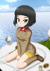  absurdres amphibious_ground_vehicle bad_id bad_twitter_id bird black_hair blue_sky blunt_ends bob_cut boots brown_footwear brown_jacket chi-hatan_(emblem) chi-hatan_military_uniform closed_mouth cloud cloudy_sky commentary cup daxz240r day emblem female food full_body girls_und_panzer green_eyes green_tea highres insignia jacket knee_boots light_blush long_sleeves looking_at_viewer military military_uniform military_vehicle miniskirt motor_vehicle nishihara_yasoko ocean on_vehicle outdoors pleated_skirt seagull senbei short_hair sitting skirt sky solo special_type_2_launch_ka-mi tank tea tea_stalk uniform v_arms wariza yellow_skirt yunomi 