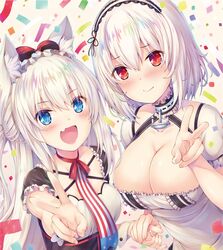  2girls absurdres american_flag american_flag_neckwear american_flag_print anchor_choker animal_ear_fluff animal_ears apron azur_lane black_dress blue_eyes blush bow bow_choker breasts cat_ears choker closed_mouth collarbone commentary_request confetti dress fingernails flag_print foreshortening frilled_choker frilled_sleeves frills hair_between_eyes hairband hairbow hammann_(azur_lane) hand_up highres holding_hands lace-trimmed_hairband lace_trim large_breasts lips long_hair multiple_girls nakazawa_aki necktie oerba_yun_fang open_mouth print_necktie puffy_short_sleeves puffy_sleeves red_bow red_choker red_eyes shiny_skin short_hair short_sleeves simple_background sirius_(azur_lane) skin_fang small_breasts smile tongue two-tone_dress upper_body v waist_apron white_dress white_hair wrist_cuffs 