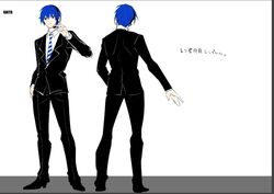  1boy black_footwear black_jacket black_pants black_suit blue_eyes blue_hair closed_mouth commentary_request concept_art formal headphones headset jacket kaito_(vocaloid) male_focus manbou_no_ane necktie official_art pants reference_sheet ring_no_seraph_(vocaloid) simple_background striped striped_necktie suit translated vocaloid white_background 